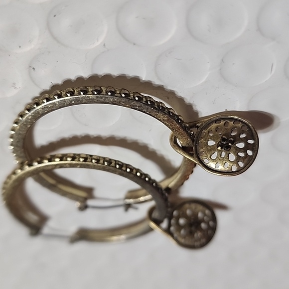 Gold Hoop Earrings with Textured Charm - Picture 2 of 3